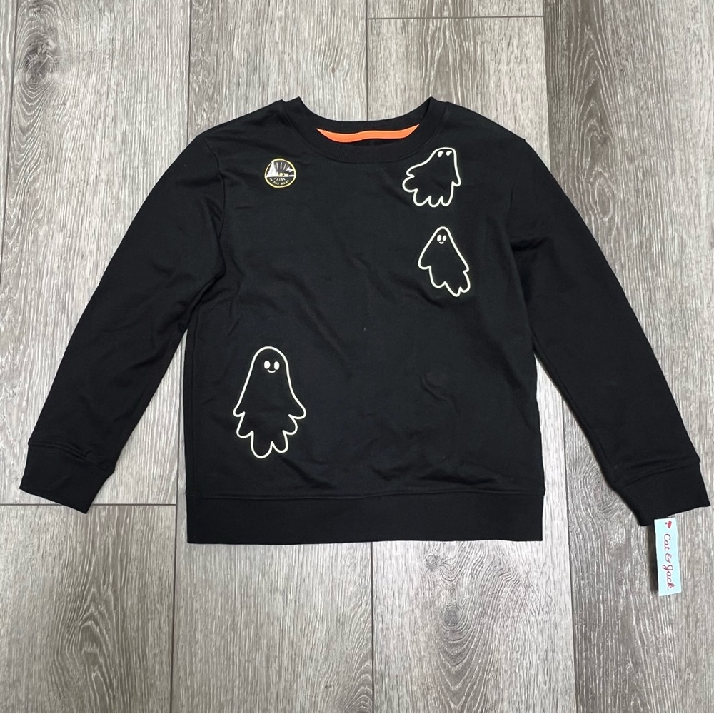 CAT AND JACK HALLOWEEN PULLOVER CREWNECK SWEATSHIRT GHOST BLACK LARGE 10/12 NWT